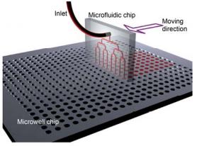 微流控微分配裝置示意圖 微分配芯片在精密步進(jìn)電機(jī)的帶動下配合下方微池芯片實現(xiàn)高通量 的自動化溶液分配
