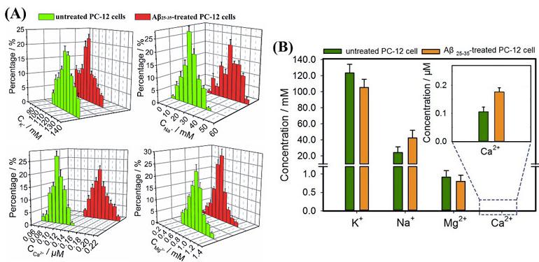 圖3. （A）Aβ25-35刺激前后Na+、K+、Ca2+、Mg2+濃度變化的正態(tài)分布圖；（B）Aβ25-35刺激前后Na+、K+、Ca2+、Mg2+濃度變化的柱狀圖