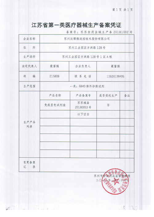 汶顥股份江蘇省第一類醫(yī)療器械生產(chǎn)備案憑證 汶顥股份江蘇省第一類醫(yī)療器械生產(chǎn)備案憑證