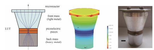 圖4超聲微反應(yīng)器、振動(dòng)位移分布及實(shí)物圖（標(biāo)尺為10mm）