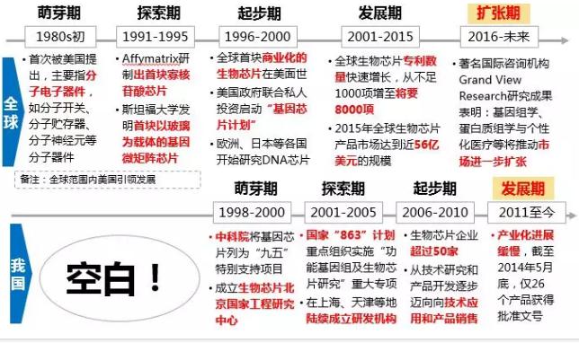 圖3.全球及我國生物芯片發(fā)展歷程 圖3.全球及我國生物芯片發(fā)展歷程