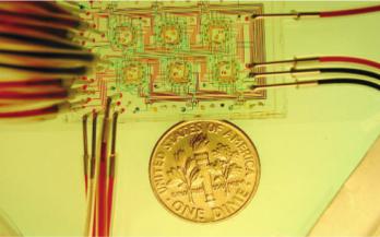 圖1：一種微流體恒化裝置，展示了可以包含在非常小的尺寸內(nèi)的高密度微流體通道。來自Balagaddé等人的圖片&nbsp;“長期監(jiān)測在微型恒溫器中進(jìn)行程序化群體控制的細(xì)菌。