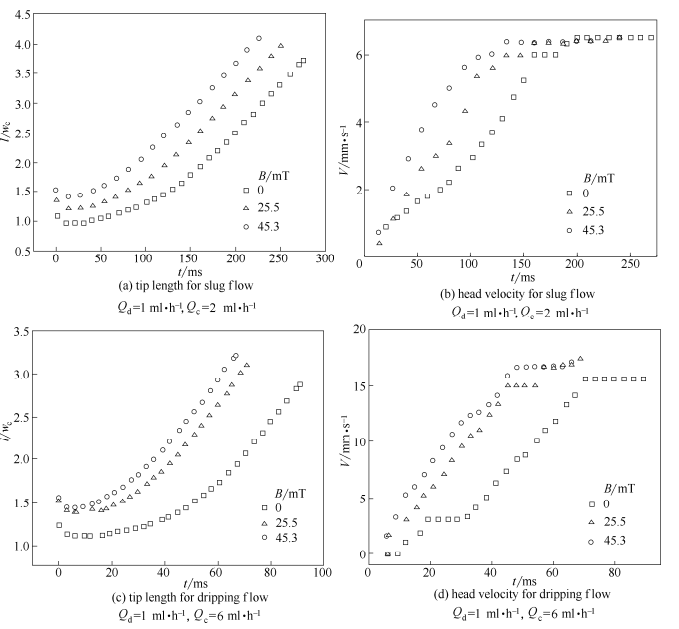 不同磁感應(yīng)強(qiáng)度對(duì)分散相頭部長(zhǎng)度及瞬時(shí)速度的影響