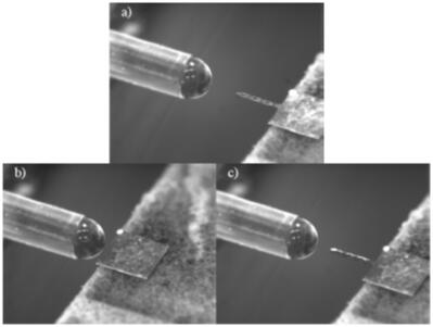 定制的微針涂覆設備和微針涂覆過程：a）涂覆前；b）微針涂覆中；c）撤回微針，完成涂覆