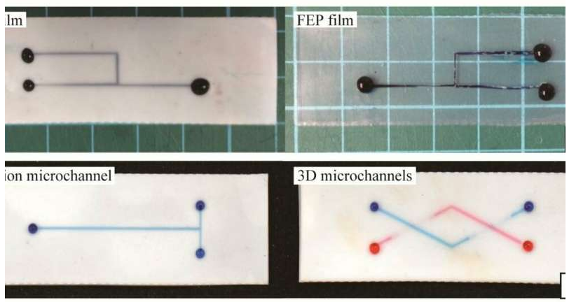 代表性的含氟聚合物微通道，其中充滿含水染料的水。圖片來源：SUTD