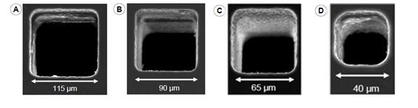 光敏玻璃不同尺寸的方孔加工結(jié)果 光敏玻璃不同尺寸的方孔加工結(jié)果